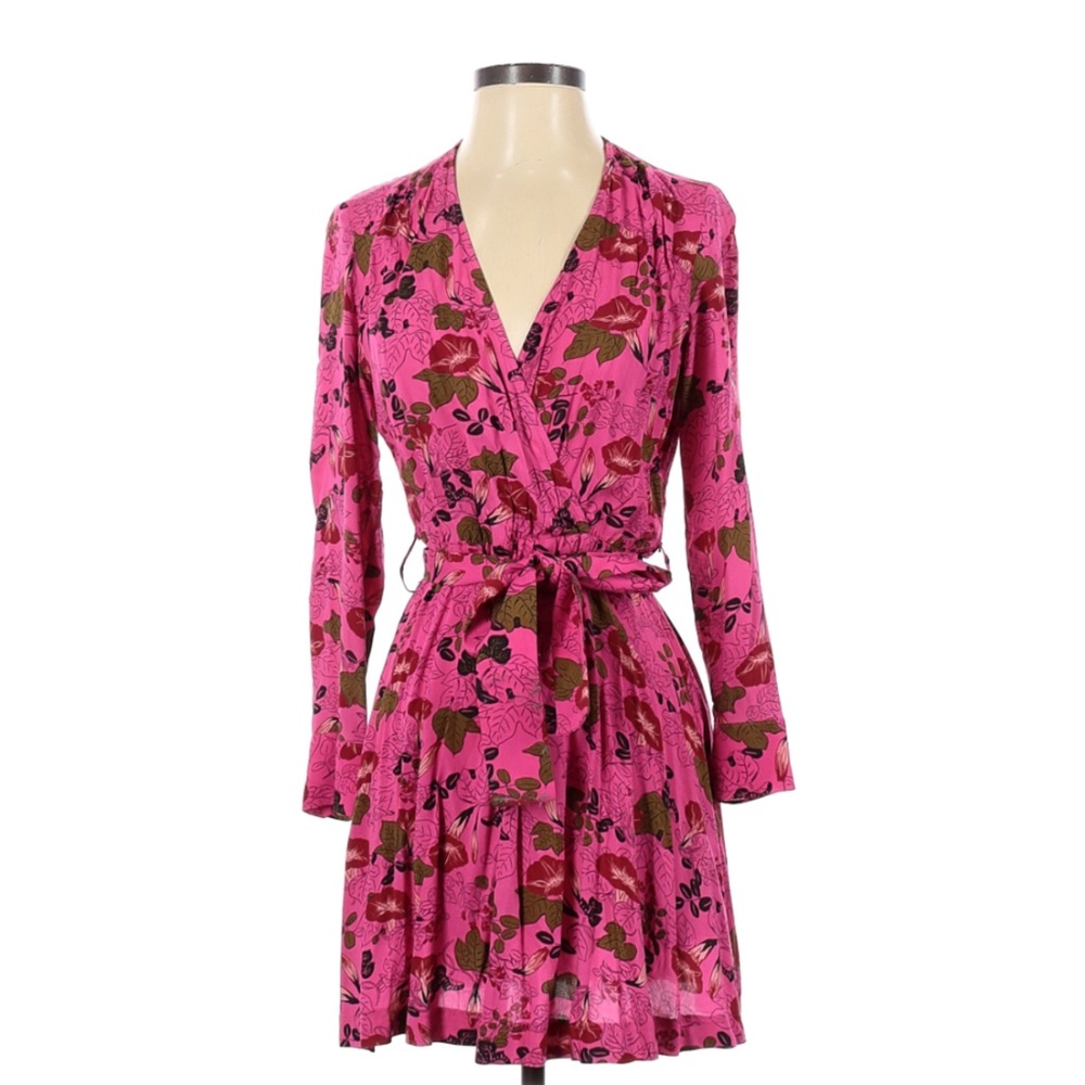 Zara Fuchsia Tie Dress With Multicolor Floral Print